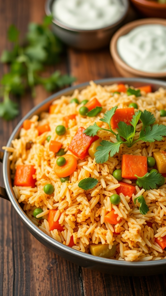 A colorful vegetable biryani served with cilantro and mint, showcasing a medley of mixed vegetables on a rustic table.